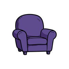 Fototapeta premium Purple upholstered armchair with rounded backrest and cushioned seat, designed in a cartoon style for comfort and relaxation. Vector illustration