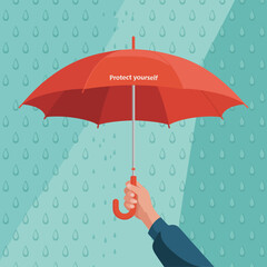 An artistic representation of a red umbrella held up against a blue backdrop, with a message urging individuals to protect themselves amidst life’s storms and challenges.