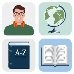 In this vibrant image, a smiling man with headphones stands beside a globe, promoting themes of global awareness, education, and communication in a stylish way.