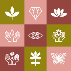 A unique collection of artistic symbols representing nature, showcasing elements like flowers and droplets that embody elegance and a refreshing sensation of life and growth.