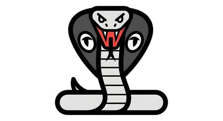Fototapeta premium Stylized illustration of a fierce cobra snake head with a flared hood and bared fangs.