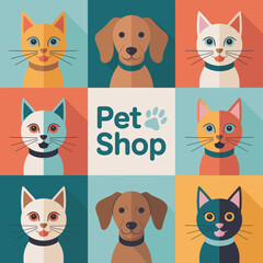 A visually appealing arrangement of stylized dog and cat faces in bright color blocks, ideal for a pet shop or animal welfare campaign showcasing lovable pets.
