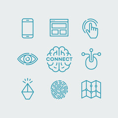 Stylized tech icons illustrating connective and interactive concepts, perfectly suited for technology firms focusing on user engagement and modern digital experiences.