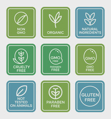 This image presents a collection of eco-labels emphasizing organic and non-GMO product features designed to appeal to conscious consumers seeking healthy choices.