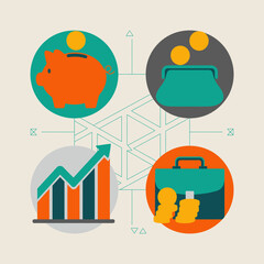This image showcases various finance elements, including a piggy bank, coins, a wallet, and a graph, symbolizing savings, investments, and financial growth concepts.