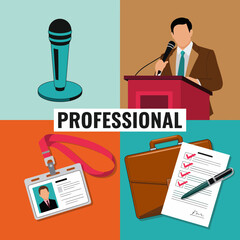 This image represents professional essentials, combining elements of public speaking, identity verification, and organization to convey confidence and success in the workplace.