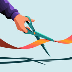 This illustration captures a hand holding a pair of scissors poised to cut through a bright ribbon, signifying the ceremonial start of an important event or venue.