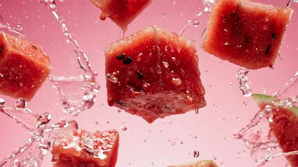 Watermelon cubes and slices suspended in air with water droplets against a pink gradient background - Powered by Adobe