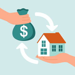 A visually engaging illustration of a home purchase transaction, depicting hands exchanging money for a house, highlighting the emotional and financial aspects of property ownership.