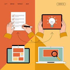 An eye-catching graphic illustrating a user completing a checklist, using a tablet for ideas, and engaging with a laptop to convey modern digital solutions in design.