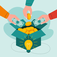 This graphic depicts hands depositing money and coins into a box with a lightbulb symbolizing the collaborative spirit behind nurturing new ideas and ensuring their financial growth.