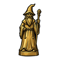 Obraz premium Enchanting statue of a wizard with a long beard and a pointed hat, holding a staff and wearing a flowing robe with detailed patterns. Vector illustration