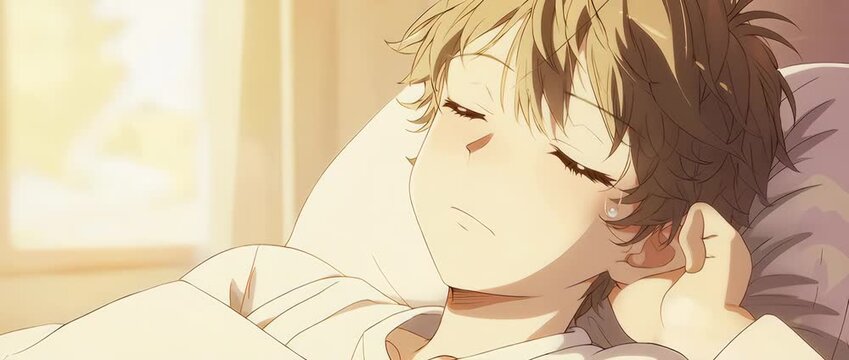 A cozy and relatable close-up of a sleepy anime boy yawning. The warm morning light and soft tones create a comfortable and peaceful atmosphere. Perfect for daily life or morning routine concepts.