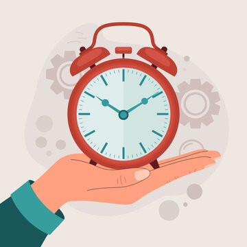 A simplistic red alarm clock is cradled in a hand, with a background of gears, emphasizing the significance of time tracking in a visually appealing manner.