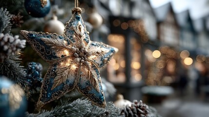 Christmas Star Ornament Decoration Hanging on a Festive Winter Holiday Tree