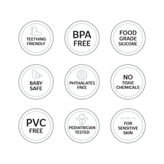 Fototapeta premium This image displays various BPA-free product icons designed for baby items, highlighting essential safety features like teething-friendly and baby-safe materials.