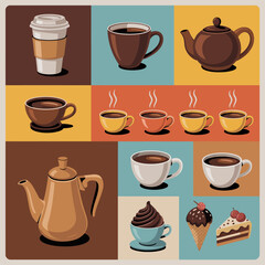 An imaginative depiction of coffee and dessert items with vibrant colors, capturing the cozy and indulgent essence of coffee-drinking culture and desserts.