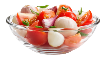Glass bowl with fresh chopped tomatoes, garlic cloves and onions Transparent background, PNG file