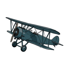 Vintage biplane in a detailed, hand-drawn style with dual wings and a front propeller, capturing a classic aviation design. Vector illustration