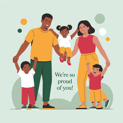 Parents proudly holding their children by the hands, showcasing joy and accomplishment, reflecting the nurturing spirit of family pride and emotional support in a vibrant setting.