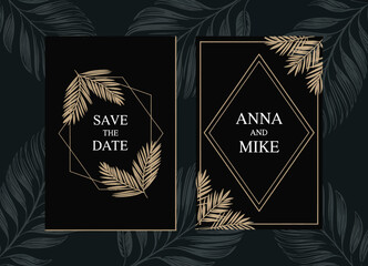 This stylish save the date announcement features a bold leaf motif on a sleek black background, ideal for elegant event invitations and celebrations with a modern touch.