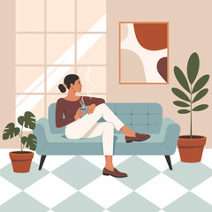 A contemplative woman on a stylish couch enjoys her tea, immersed in the calming ambiance of her elegantly designed living area, accentuated by lively plants and serenity.