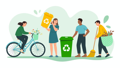 A lively depiction of individuals participating in eco-conscious practices like recycling and gardening, illustrating the beauty of community spirit and environmental stewardship.