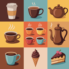 An artistic grid layout showcasing various coffee beverages, including cups, teapots, and ice cream, perfect for coffee lovers and café culture enthusiasts.