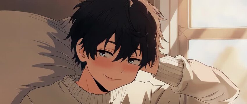 A cozy and relatable close-up of a sleepy anime boy yawning. The warm morning light and soft tones create a comfortable and peaceful atmosphere. Perfect for daily life or morning routine concepts.