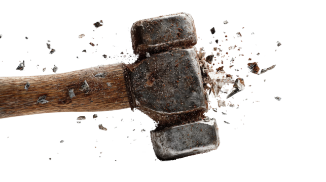 Hammer hitting nail in slow motion Transparent background, PNG file