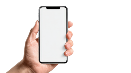 Hand holding phone with blank screen mockup Transparent background, PNG file