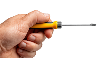 Hand holding screwdriver with flat head Transparent background, PNG file