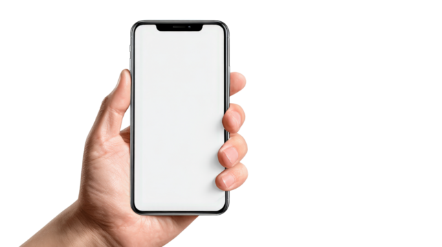 Hand holding phone with blank screen mockup Transparent background, PNG file