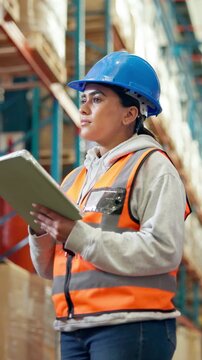 Supply chain, tablet and woman in warehouse for logistics, delivery inventory and quality control. Distribution, shipping and person on digital tech for inspection report, stock checklist and cargo