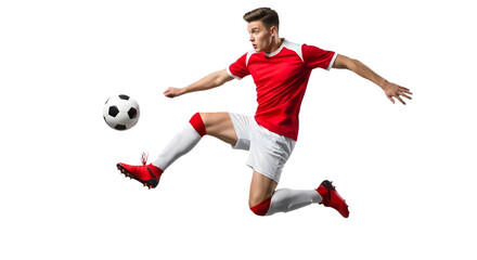 Soccer Player Kicking Ball Mid-Air Isolated on White Background Action Sports Lifestyle