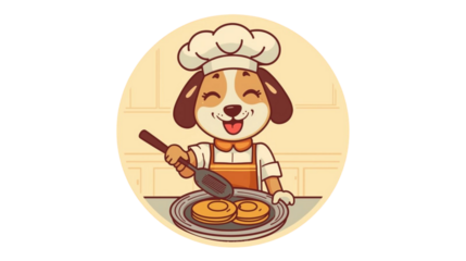 Cute Cartoon Dog Chef Cooking Pancakes Illustration