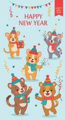 Happy New Year greeting card with cheerful cartoon animals