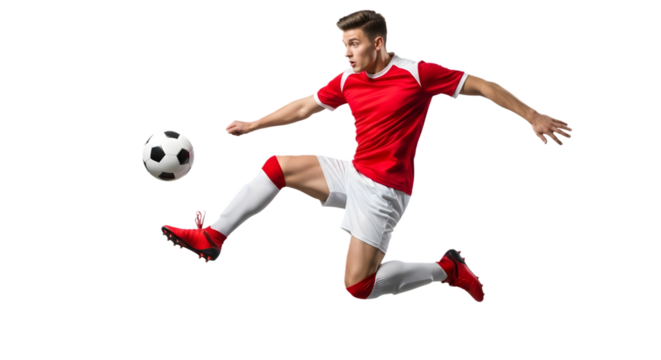Soccer Player Kicking Ball Mid-Air Isolated on White Background Action Sports Lifestyle