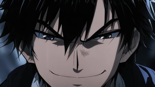 An extreme close-up capturing the smug and confident expression of an anime boy. A slight smirk, raised eyebrow, and cool lighting give him a charmingly arrogant or antagonist vibe.
