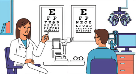 Optometrist examines patient s vision with eye chart and equipment