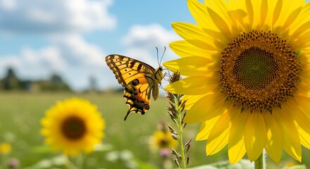 Butterfly on Sunflower in Summer Field
