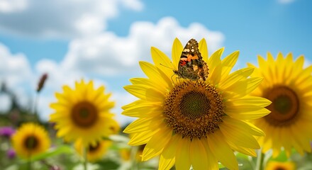 Sunflower Meadow: Butterfly on Blossom in Summer