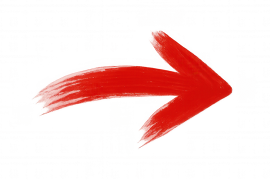 Red arrow brush stroke pointing right, hand-drawn paint texture showing direction, navigation, and progress on transparent background