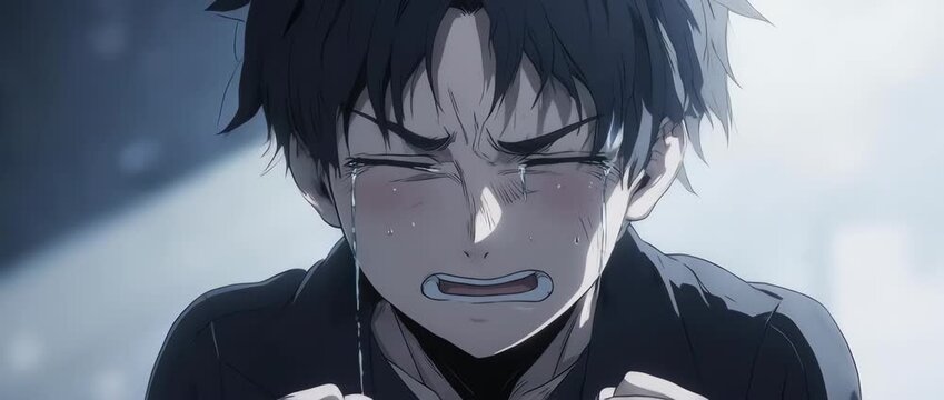 A powerful and emotional close-up of a heartbroken anime boy sobbing. The visible anguish and streams of tears in a dark, moody setting create a scene of pure despair and sadness.