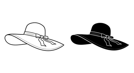 Elegant wide-brimmed sun hat icon set in outline and silhouette style
