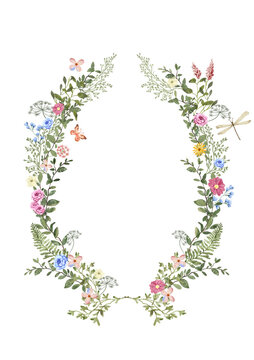 Watercolor midflower greenery oval frame. Botanical watercolor wreath.
