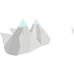 Stylized Two Gray Mountain Peaks With Light Blue Snow Caps And Black Shapes On The Left Against A White Background In Isometric Style