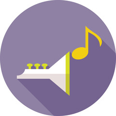 Stylized Trumpet with Musical Note and Shadow on Purple Circle Background Flat Design Icon