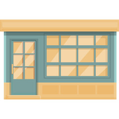 Stylized vector illustration of a storefront with a glass door and large display window light orange and teal colors on a transparent background