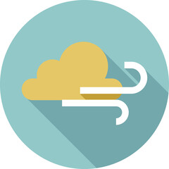 Stylized Wind Icon with Yellow Cloud and White Swirls on Teal Circle Background with Long Shadow